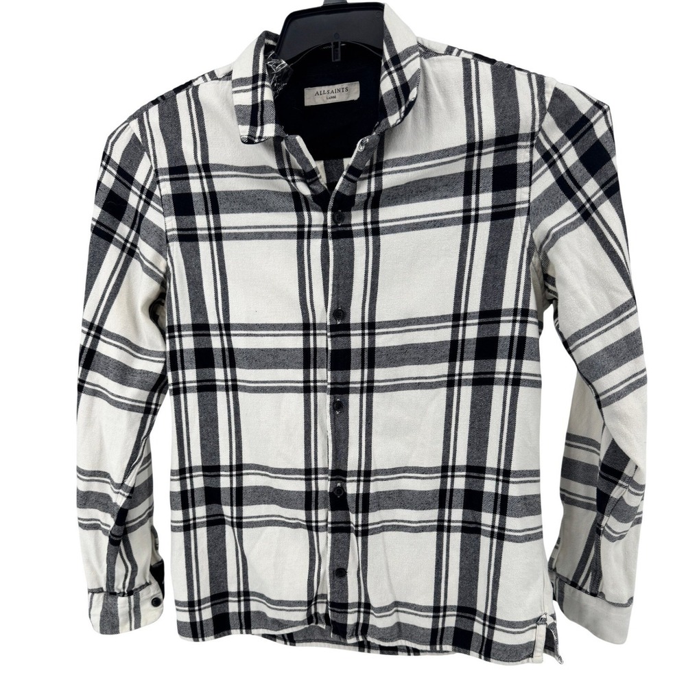 ALLSAINTS Flannel Shirt‎ Large Mens Black White Plaid Long Sleeve Button Up